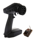 3 Channel SLT Radio System With SR315 Dual Protocol Receiver For RC Cars And Trucks, Budget Friendly Two Point Four Gigahertz Wireless Transmitter With DSMR Upgrade Potential, Perfect For Bashers, Crawlers, And First Time Drivers shown in compact design