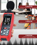 Hand holding Sound Level Data Logger With Real Time Decibel Readouts 30 To 130 dB Range, Audible And Visual Alarm, displayed screen