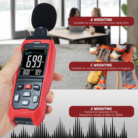 Hand holding Sound Level Data Logger With Real Time Decibel Readouts 30 To 130 dB Range, Audible And Visual Alarm, displayed screen