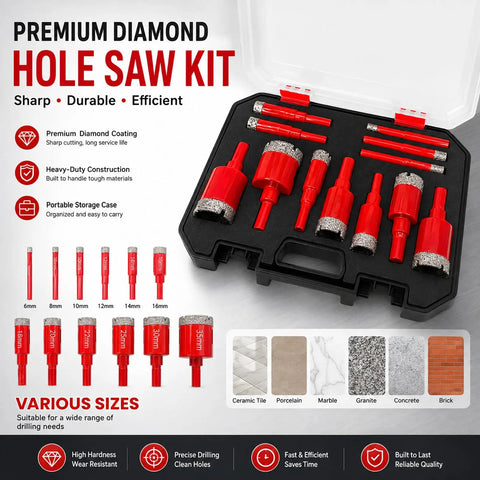 Premium 12Pcs Diamond Hole Saw Kit With High Performance Core Drill Bits For Cutting Tile Glass And Stone With Smooth Precision And Long Lasting Sharp Edges, 6mm-35mm set in case