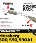 Illustration of Ambidextrous Flash5 Buttstock And Forend Combo Pack For 12 Gauge Pump Action Shotguns In Flat Dark Earth Fits Mossberg 500 590 590A1 Easy Install No Gunsmithing Rugged Durable Upgrade For Left Or Right Hand Shooters with package contents and compatibility info.