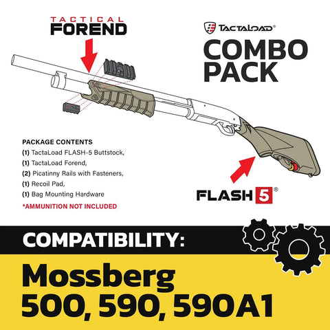 Illustration of Ambidextrous Flash5 Buttstock And Forend Combo Pack For 12 Gauge Pump Action Shotguns In Flat Dark Earth Fits Mossberg 500 590 590A1 Easy Install No Gunsmithing Rugged Durable Upgrade For Left Or Right Hand Shooters with package contents and compatibility info.