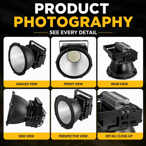 Heavy Hitter Led Flood Light 200W To 1500W Top Shelf Lumens Outdoor Area Spotlight different angles and views showing aluminum housing and heat sink.
