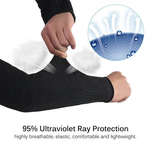 Heavy Duty Arm Protection Sleeves With Steel Wire Weave Level 5 Cut Resistant and Heat Guard being worn on forearms
