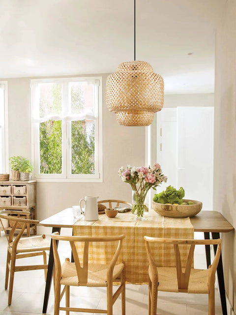 Hand Woven Boho Bamboo Pendant Light With Rattan Coastal Charm, Adjustable Domed Wicker Hanging Lamp over dining table