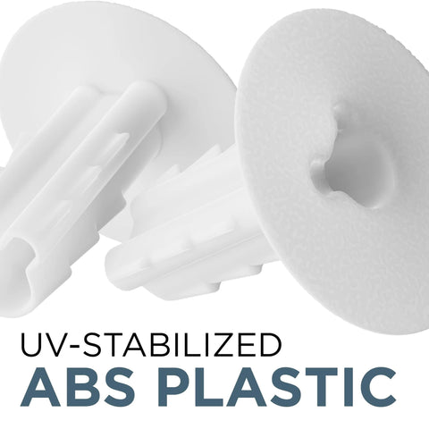 White RG6 coax feed-through bushing with wall grommet for indoor/outdoor use; UV-stabilized ABS plastic.