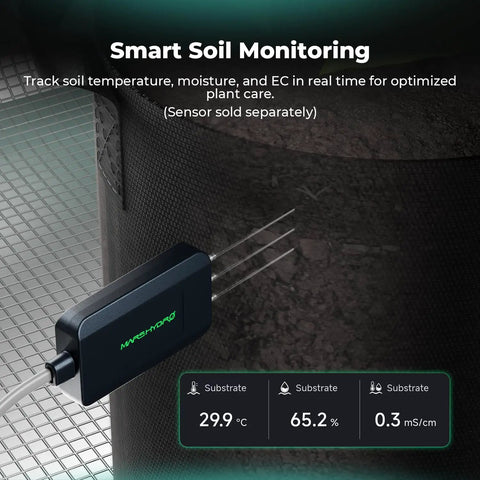 Soil monitoring sensor for Auto Drip Irrigation Kit With 13 Gallon Foldable Bucket, displaying temperature and moisture data.