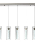 Modern Five Light LED Pendant Ceiling Fixture With Brushed Nickel Bubble Cylinder, Dimmable And Adjustable Height Hanging
