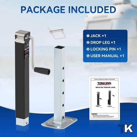 Package contents of 8000 Lbs Square Trailer Jack With 15 Inch Lift And 12 Inch Adjustable Drop Leg Heavy Duty Weld On Mount