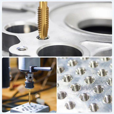 Heavy Duty No Nonsense M5x0.8 Spiral Point Metric Taps 6 Piece Kit cutting threads in metal for precision applications.