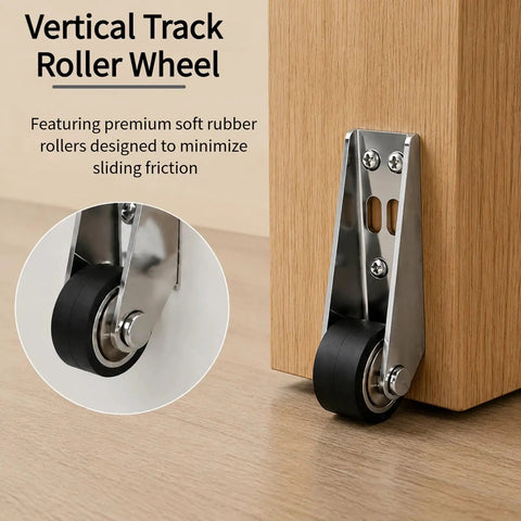 Badass Heavy Duty Vertical Track Roller Wheel For Barn Doors And Drawers Featuring Rock Solid Rubber Casters Quiet Anti Sag Guide And Steel Core That Moves Smooth As Butter With Total Ease And Zero Fuss, showcasing a close-up of the rubber roller.