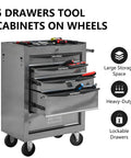 Lockable Rolling Tool Cart Cabinet With Steel Body And Ball Bearing Slides For Garage Workshop Tool Crib Must Haves featuring five drawers and smooth casters.