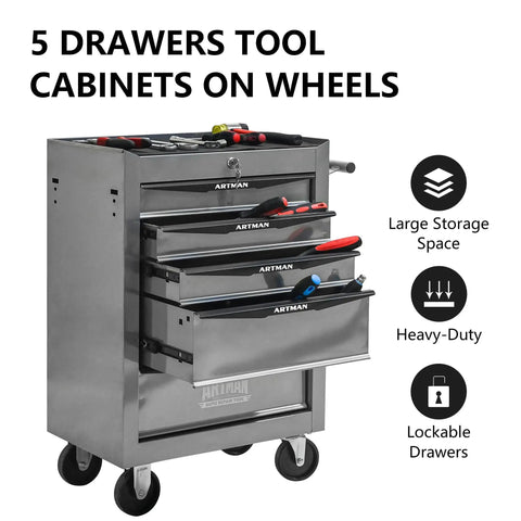 Lockable Rolling Tool Cart Cabinet With Steel Body And Ball Bearing Slides For Garage Workshop Tool Crib Must Haves featuring five drawers and smooth casters.