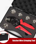 Heavy Duty Ratcheting Crimping Tool With Interchangeable Jaws For Heat Shrink Connectors and Wire Terminals Complete Electrical Crimper Pliers Kit with rugged carry case and red comfort handles.