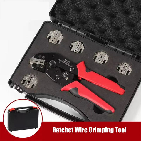 Heavy Duty Ratcheting Crimping Tool With Interchangeable Jaws For Heat Shrink Connectors and Wire Terminals Complete Electrical Crimper Pliers Kit with rugged carry case and red comfort handles.
