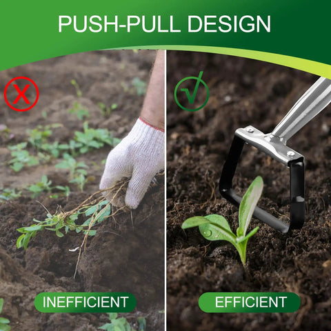 Comparison of hand pulling weeds vs. Stirrup Hoe Garden Tool With Hollow Trapezoid Head And 14 Inch Scuffle Loop Weeder in use