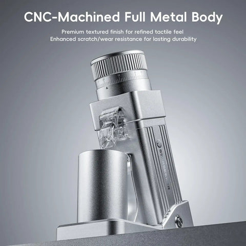 Legendary Electric Coffee Grinder With 55mm Titanium Conical Burr And Dead Straight Stepless Dial Featuring Anti Static Tech For Dope Espresso Pulls In Your Home Rig Setup, featuring a CNC-machined full metal body.