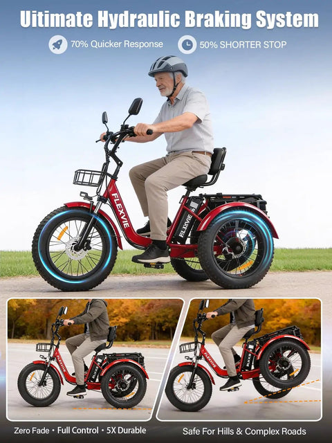 Beast Power Folding 3 Wheel Electric Trike For Adults With 1550W Peak Power 48V Fat Tire 20x4 Detachable Rear Basket Rear Differential Easy Fold Red For Daily City Rides, side view