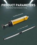 Heavy Duty Manual Fluid Extractor Pump 200cc Oil Suction Syringe with 17.1 inch tubing positioned above liquid reservoir.