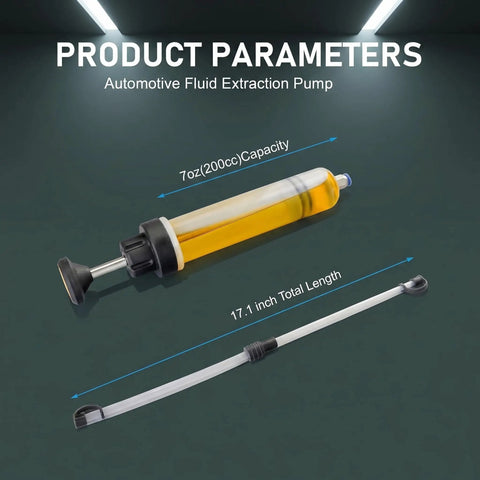 Heavy Duty Manual Fluid Extractor Pump 200cc Oil Suction Syringe with 17.1 inch tubing positioned above liquid reservoir.