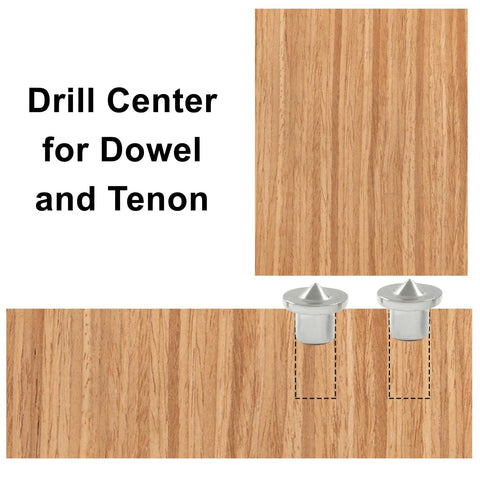 Pro Grade Dowel And Tenon Center Transfer Plugs For Precision Woodworking showing chrome steel pins on wood surface.