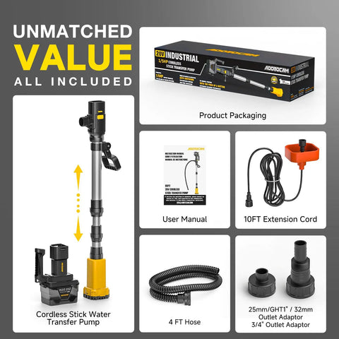 Heavy Duty Tough As Nails Cordless Stick Water Transfer Pump For Gasoline Diesel And Fuel Liquid Moving Tool Only Compatible With 20 Volt Power Tools No Sweat with accessories and packaging.