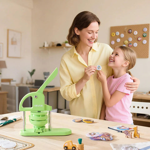 Mother and daughter using Easy Peasy DIY Button Maker Kit for badges and key chains, 75mm plastic pin press, green handle.