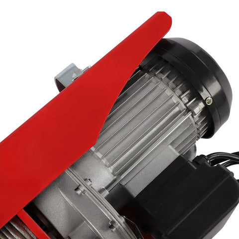 Close-up view of Huge 1763 Lbs Max Load Mini Electric Hoist Winch motor with red cover and silver casing.