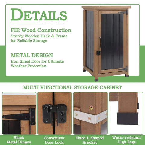 Weatherproof Outdoor Storage Cabinet With Metal Top And Adjustable Shelves shown with details like fir wood, metal design.