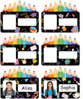 Colorful 36 Pack Desk Name Plates With Photo Space Self Adhesive Kids Name Tags For Classroom Organization shown with examples