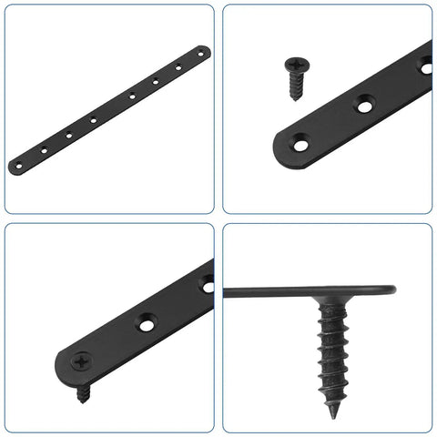 Heavy Duty Black Mending Plates 12 Pack, 10 Inch Flat Straight Braces For Wood Furniture Repair, showing flat cast iron brace with screws.