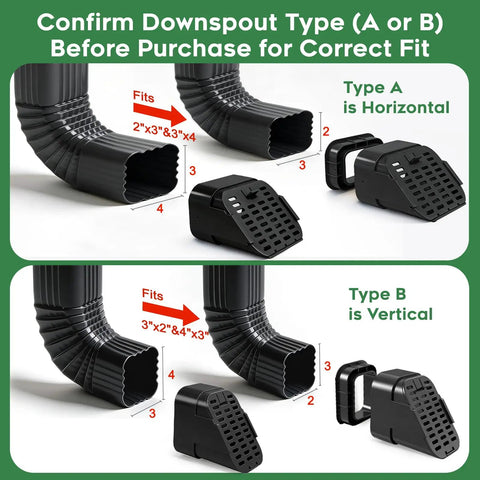 Two Pack 3x2 And 4x3 Type B Downspout Extensions With No Fuss Removable Gutter Cover Leaf Guard Diverter Splash Guard Outlet Filter Fits Standard 3x2 And 4x3 Downspouts Black