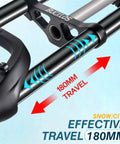 Close-up of 180mm travel on 20 Inch Fat Tire Front Suspension Fork For Snow And Beach Mountain Bikes 180mm Travel 135mm Hub Spacing 9mm Quick Release One And One Eighth Inch Straight Steerer Oil Filled Ebike Fat Fork Double Crown