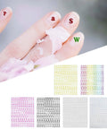 Close-up of fingers with letter stickers and alphabet sticker sheets in various colors displayed below.
