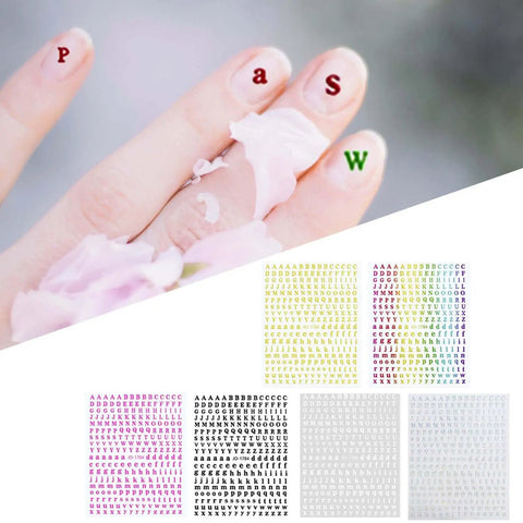 Close-up of fingers with letter stickers and alphabet sticker sheets in various colors displayed below.