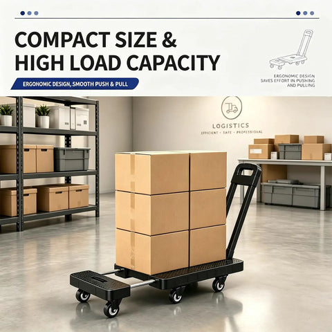Six Wheel Platform Push Cart With Foldable Dolly Hand Truck Heavy Duty Moving Cart For Home Office And Shop Smooth Rolling With Four Universal And Two Fixed Wheels Space Saving Flat Fold Design, black metal cart with boxes