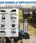 Beefed Up Stainless Steel Trailer Jack Drill Adapter Kit with application icons for various trailers and a drill attachment.