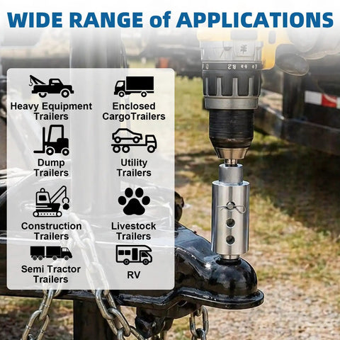 Beefed Up Stainless Steel Trailer Jack Drill Adapter Kit with application icons for various trailers and a drill attachment.