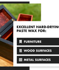 Top Shelf Wood Finish Paste Wax For Furniture Cabinets And Tabletops blends carnauba and beeswax on a wooden box.