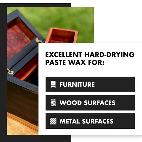Top Shelf Wood Finish Paste Wax For Furniture Cabinets And Tabletops blends carnauba and beeswax on a wooden box.