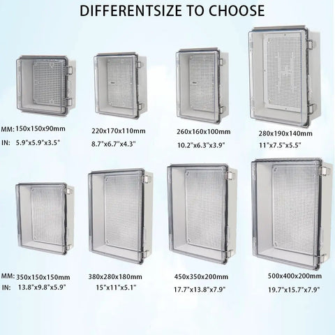 Various sizes of IP67 Waterproof Junction Box With Clear Hinged Cover And Stainless Steel Latch displayed.