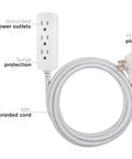 Three Outlet Surge Protector Power Strip With 10 Ft Braided Extension Cord, 16 Gauge, Flat Cable, 3 Prong, ETL Listed, Indoor Use