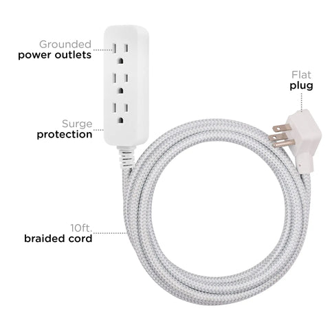 Three Outlet Surge Protector Power Strip With 10 Ft Braided Extension Cord, 16 Gauge, Flat Cable, 3 Prong, ETL Listed, Indoor Use