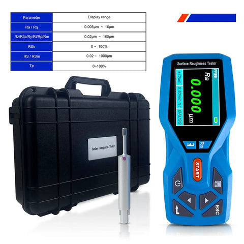 Portable Surface Roughness Tester and Profilometer with 0.001 µm Resolution shown with case and probe.