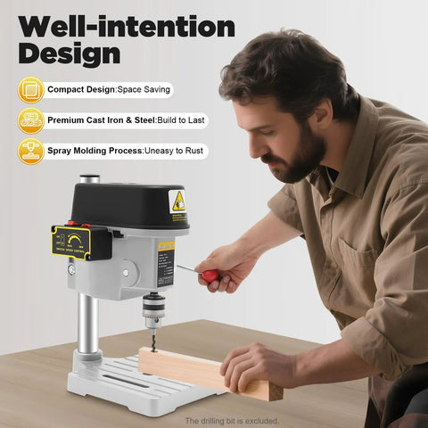 EurHomePlus 3-Speed Mini Drill Press Bench For Diy Projects Craft Work With Clear Depth Dial Adjustments From Zero To Point Nine Eight Inches and One Millimeter To Ten Millimeter Clamp Capacity Power in use on workbench.