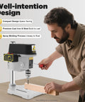 Kearixm Mini Bench Drill Press Portable Desktop Drilling Machine For Wood Metal Jewelry Making Cast Iron Stable Frame 3 Speed Adjustable Depth with a user at work.
