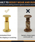 Rock Solid 100 Pack Chicago Screw Binding Posts With Heavy Duty Brass Plated Finish image showing a shiny brass post and a rusted one.