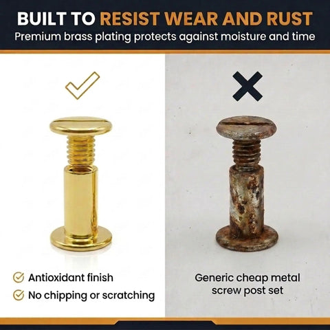 Rock Solid 100 Pack Chicago Screw Binding Posts With Heavy Duty Brass Plated Finish image showing a shiny brass post and a rusted one.