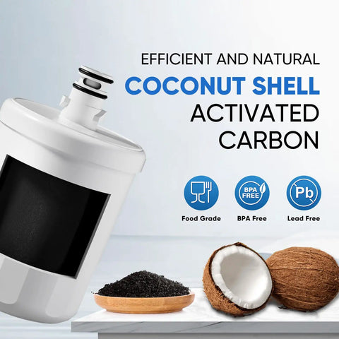 Replacement Refrigerator Water Filter For LG LT500P And Compatible Models, showing coconut shell activated carbon components