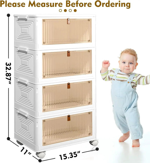 Four Piece Heavy Duty Plastic Storage Bins With Snug Lids Delivering Twenty Three Quarts Per Container Plus Totally Stackable Setup featuring dimensions and a child.